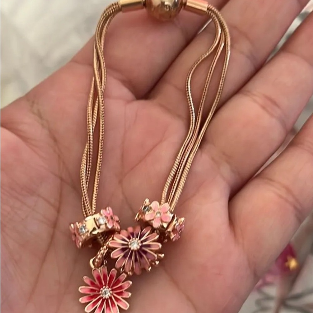 Elegant Pink Flower Charm Bracelet